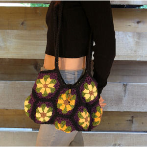 Crochet Flower Purse-  Black & Purple Granny Squares- Handmade OOAK